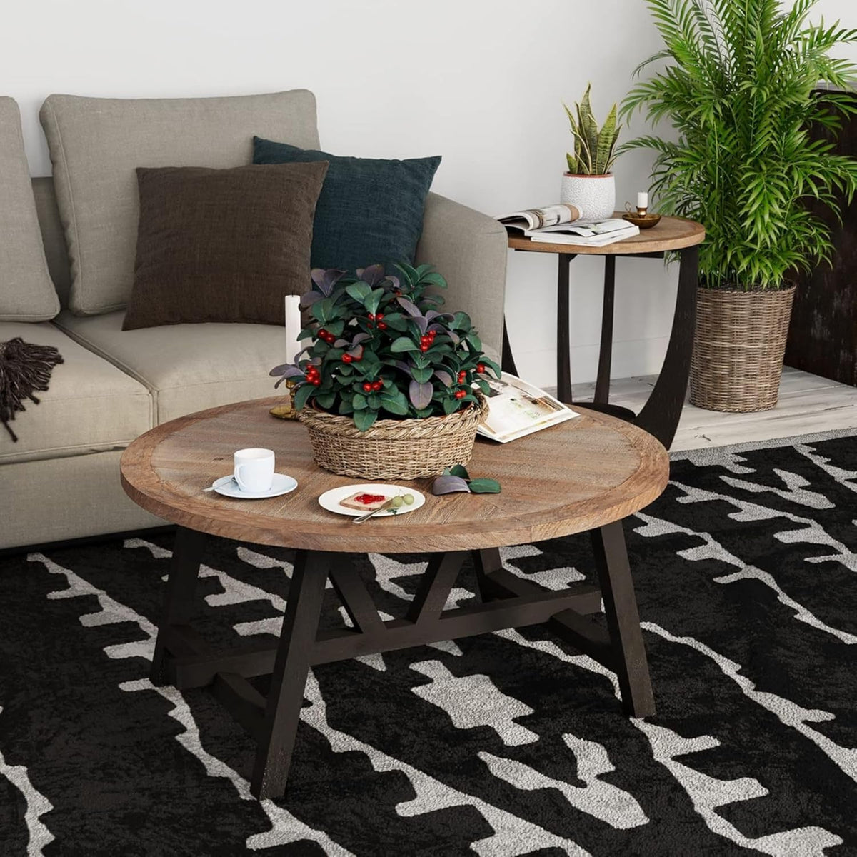 COZAYH Rustic Farmhouse End Table with Storage Shelf, French Country Modern Round Accent Side Table for Small Spaces, Wood Top & Black Base