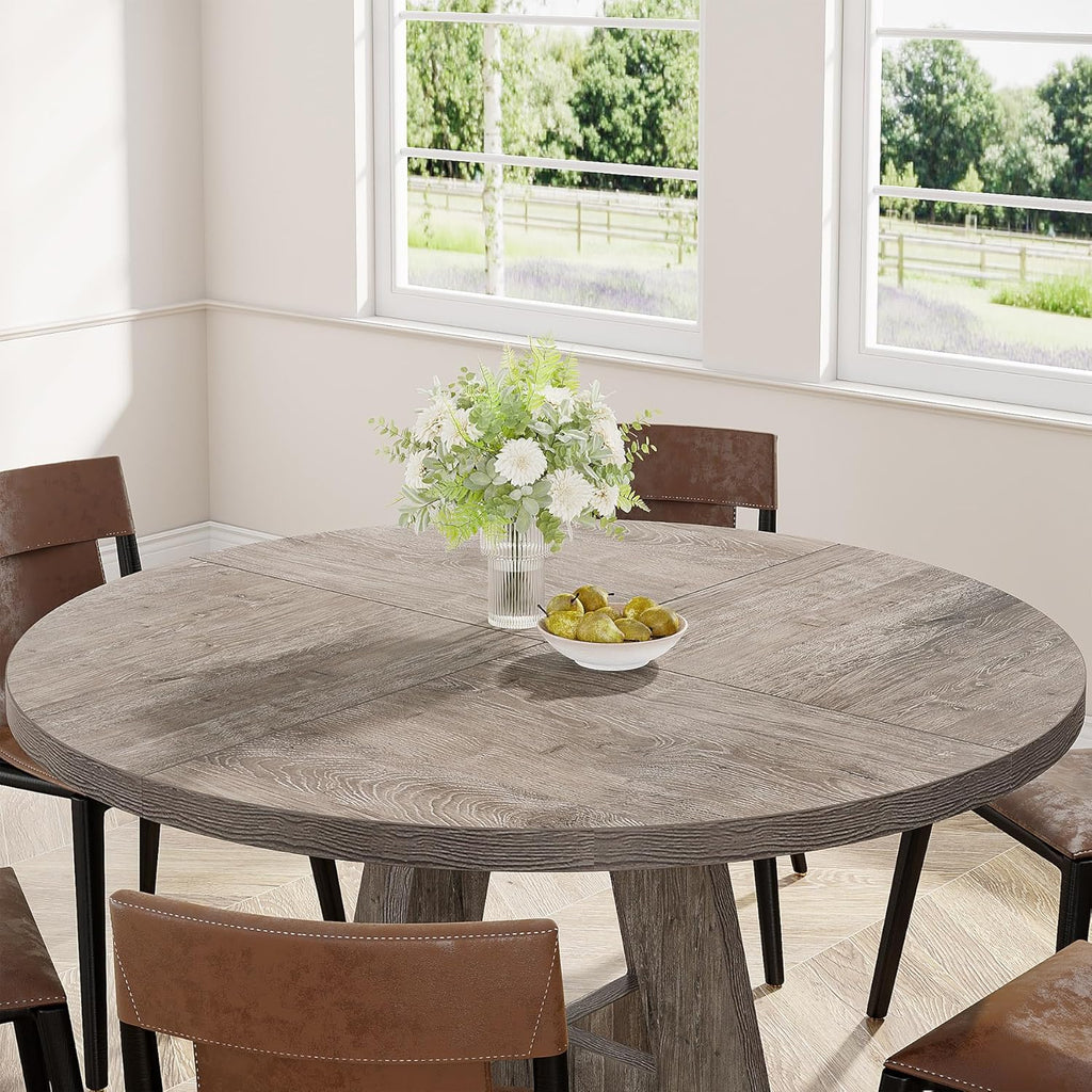 Tribesigns 47 inch Round Dining Table Wood Kitchen Table for Dining Room, 47" Dinner Room Tables for 4-6, Farmhouse Accent Furniture with Wooden Tabletop and Cross Base, Rustic Grey | for Dining Room