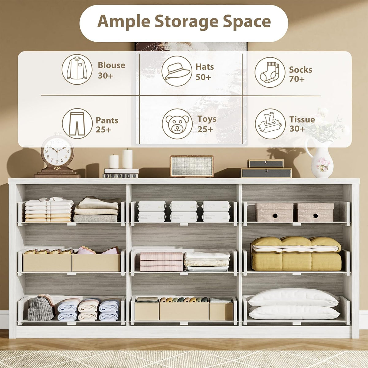 IDEALHOUSE Rustic Farmhouse 9 Dresser for Bedroom,Wooden Drawer Dresser,Handle-Free Storage Cabinet with Drawers for Bedroom, Living Room & Hallway, with Anti-Tip Safety,White