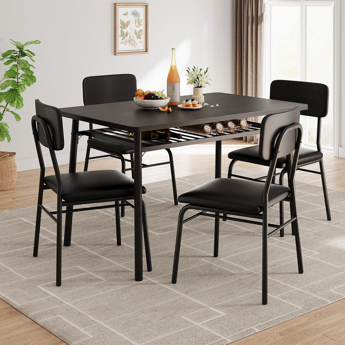 GarveeHome Dining Table Set for 4 with Storage Rack, 5-Piece Kitchen Table and Upholstered Chairs of 4, Wood Tabletop & Heavy-Duty Metel Frame, Dining Room Set for Small Space, Apartment, Black
