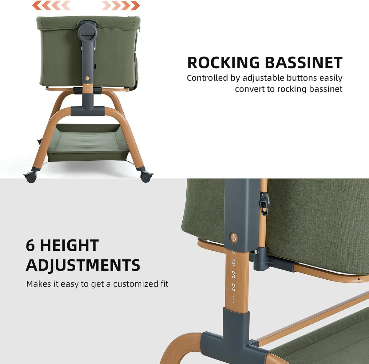 ANGELBLISS 3 in 1 Baby Bassinet, Rocking Bassinets Bedside Sleeper with Comfy Mattress and Wheels, 6 Height Adjustable Easy Folding Portable Bedside Crib for Newborn Infant (Green)