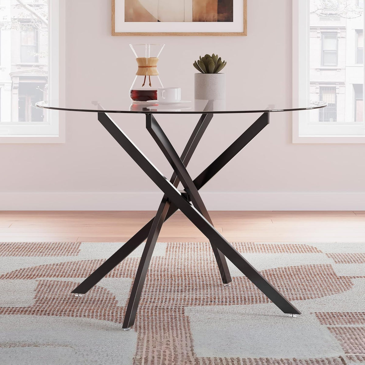 Signature Design by Ashley Pharwynn Modern Glass Tabletop Dining Table with Cross-Shaped Base, Black