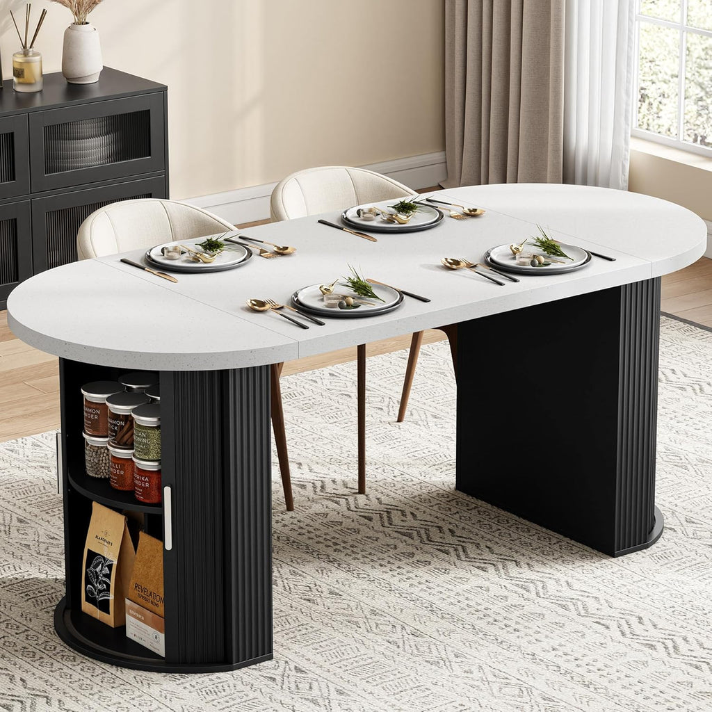 IRONCK 71" Oval Dining Table for 4-8, Modern Farmhouse Dining Table with Hidden Storage & Fluted Base, 1.6" Thick Faux Quartz Top, Dinner Table for Dining Room Kitchen Home Office, Black