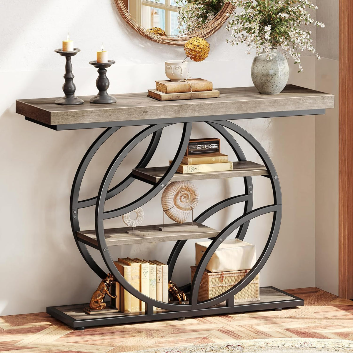Huuger 41.3 Inch Entryway Table, Modern Console Sofa Table, Accent Table with Shelves, for Entry, Hallway, Entrance, Foyer, O-Shaped Metal Frame, Grey
