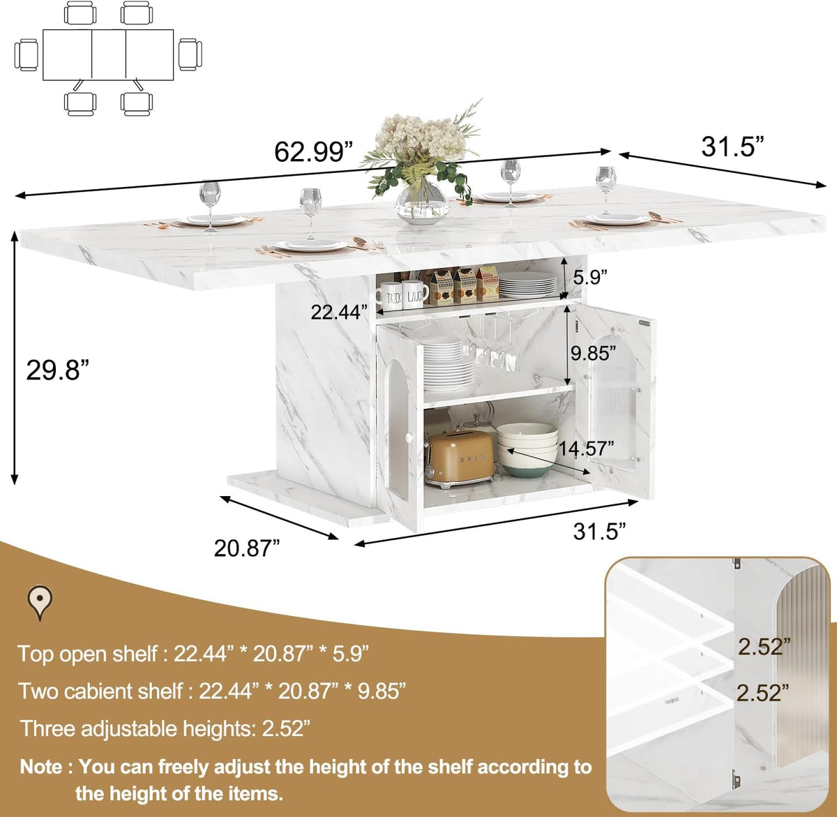 HSH Dining Table for 4–6, 63" Modern Kitchen Dining Room Table with Storage Shelves & Acrylic Door Cabinet,Wood Rectangle Dinner Table with Faux Marble Top for Home Apartment, White Faux Marble