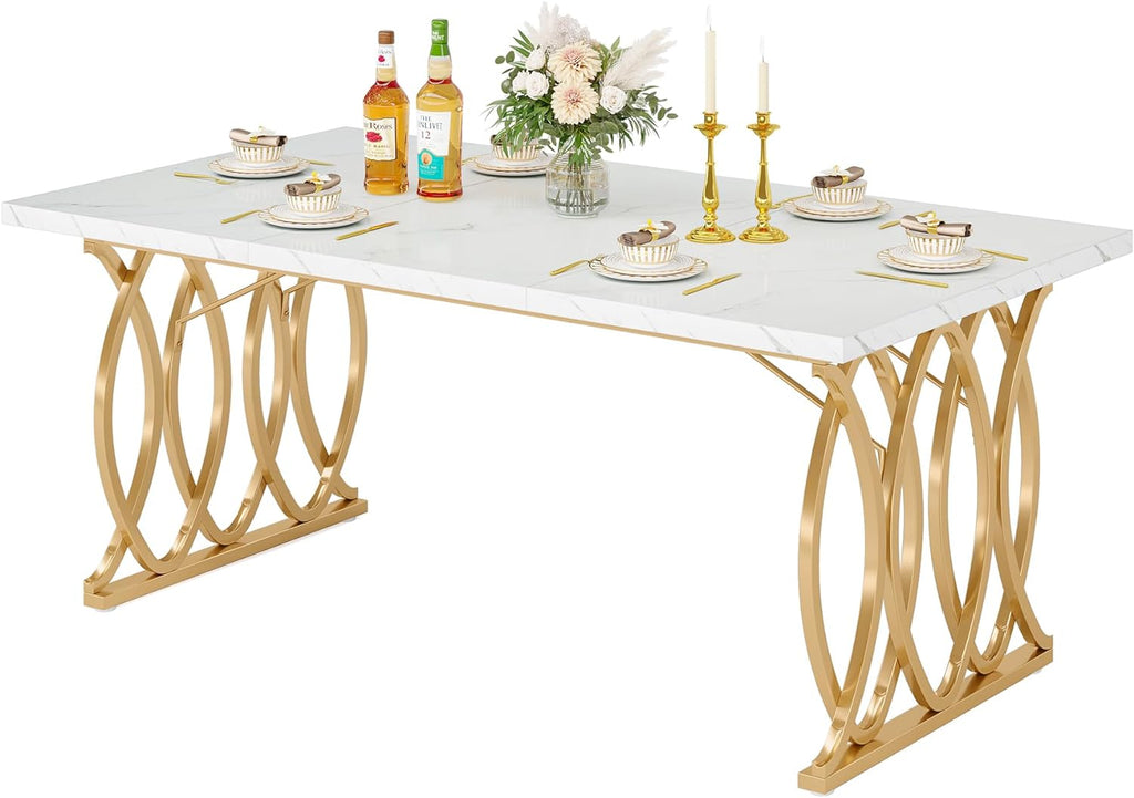 LITTLE TREE Modern Dining Table for 4-6 People, 63" Large Rectangular Kitchen Table with Faux Marble Tabletop and Geometric Legs, Unique Dinner Table Kitchen & Dining Room Furniture