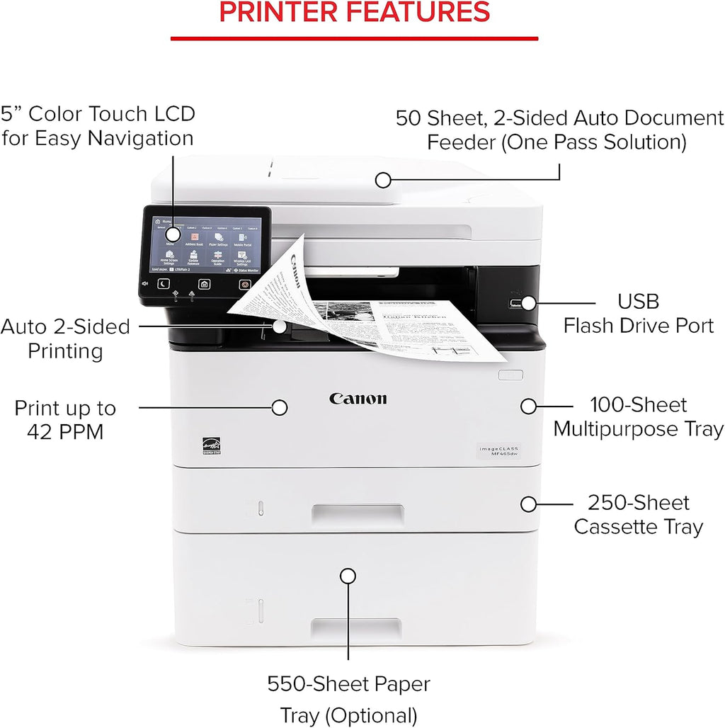Canon imageCLASS MF465dw - Monochrome Duplex Wireless Laser Printer, All-in-One with Scanner, Copier, Fax, Home or Office, Auto Document Feeder, Mobile Ready, 3 Year Limited Warranty, 42 PPM, White