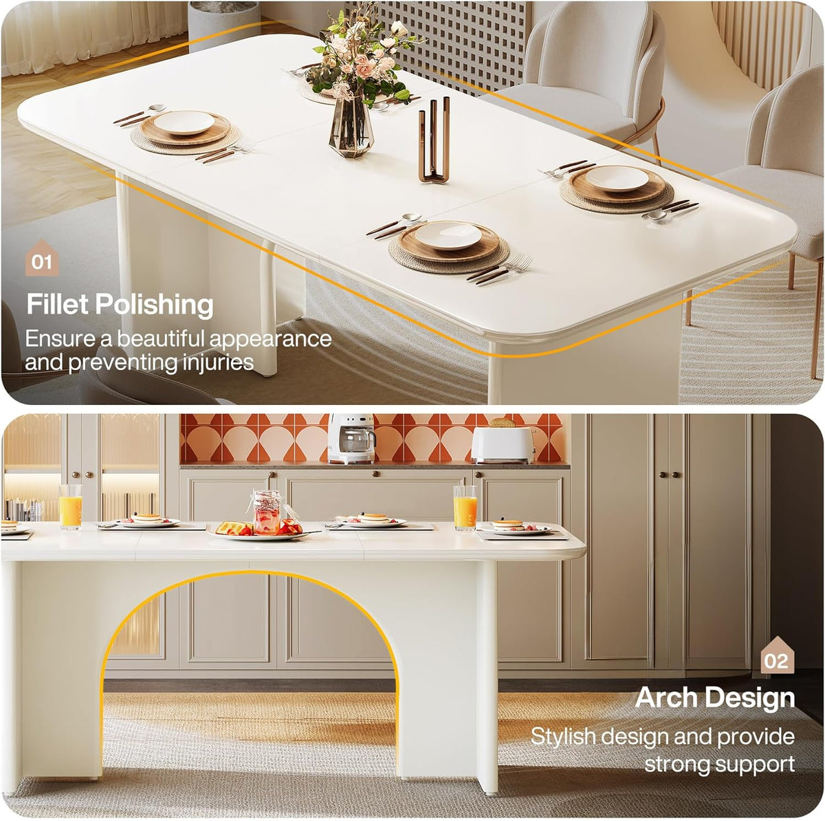 Tribesigns Modern White Dining Table for 4-6 People, 63" Large Rectangle Kitchen Table with Arch Design Legs, Dinner Table Kitchen & Dining Room Furniture
