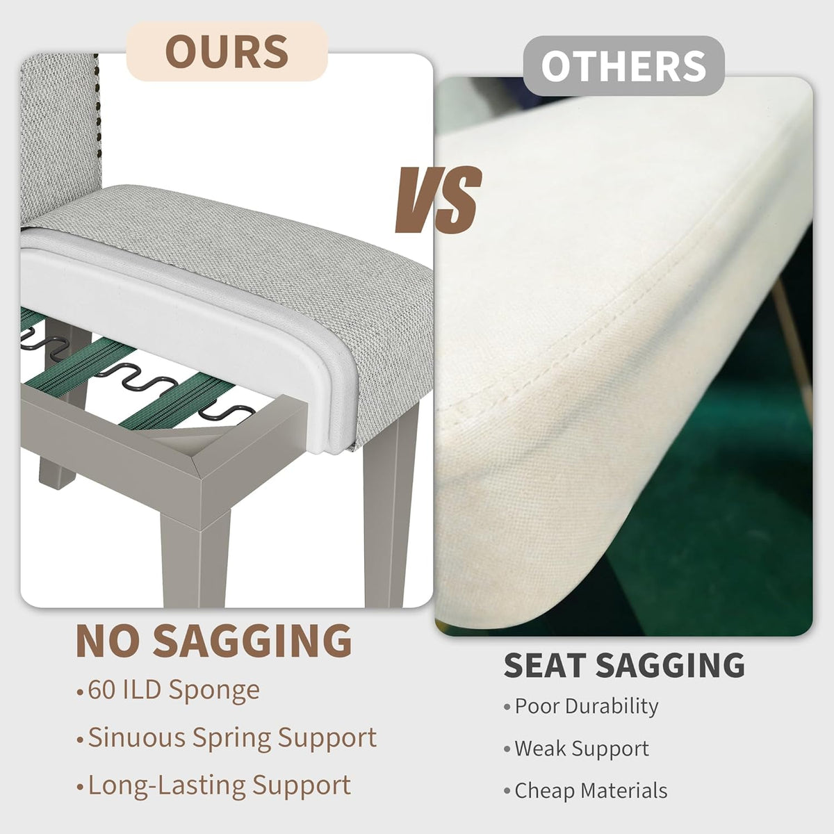 GarveeHome Upholstered Dining Chair Set, Solid Wood Chairs with Solid Wood Legs, Padded High Back Dining Chair with Nailhead Trim, Fabric Side Chair for Dining Room Kitchen Restaurant (Grey, 2PCS)