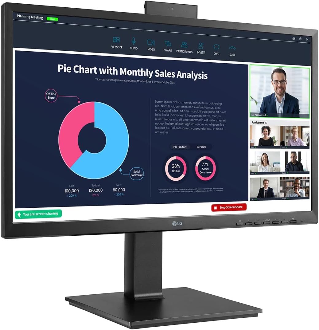LG Electronics LG 24BP75CP-B 24 Inch Professional PC Screen - IPS Panel FHD (1920x1080), 5ms GtG 75Hz, Stand with Multiple Settings, Speakers, Webcam (2MP) and Built-in Microphone, USB-C (65W)
