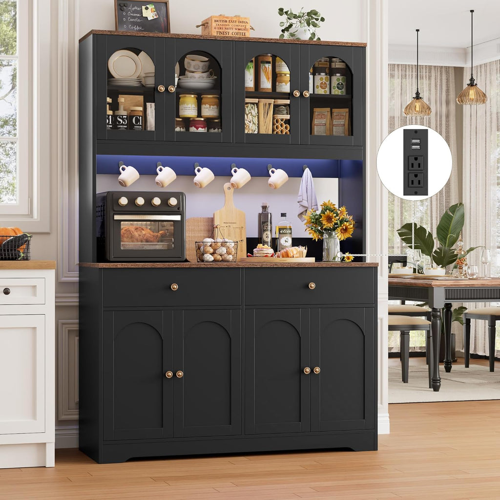 HIFIT 71" LED Kitchen Pantry Cabinet with Power Outlet, Large Kitchen Hutch Cabinet with 2 Storage Drawers & Arched Door, Countertop & Hooks, Tall China Bar for Dining Living Room (Black)