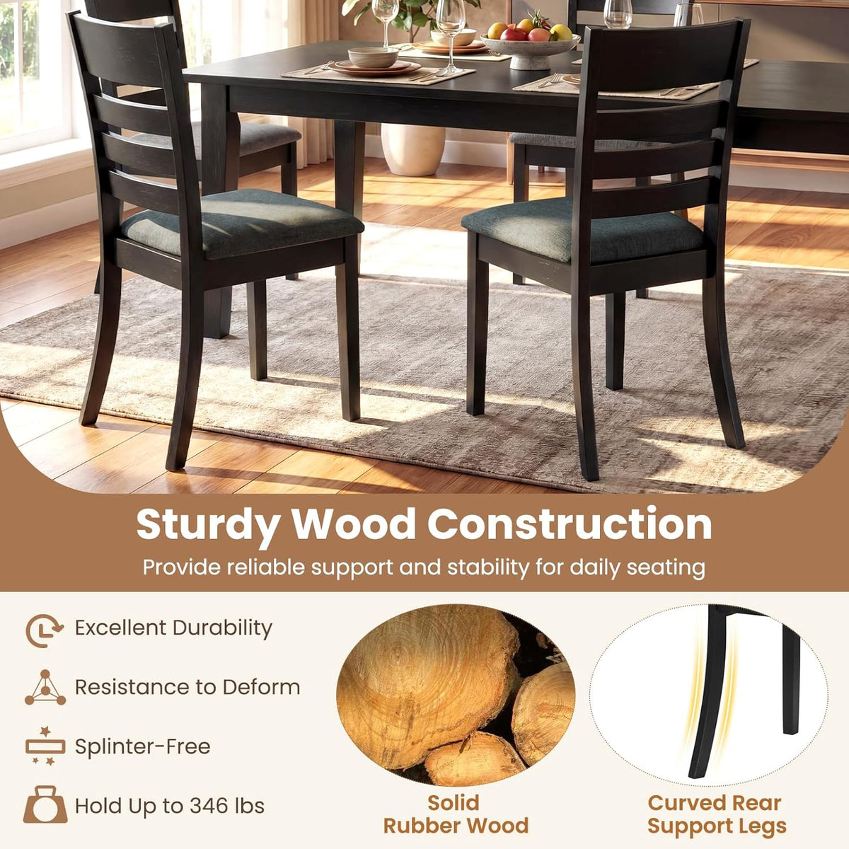 Giantex Wooden Dining Chairs Set of 4, Upholstered Black Kitchen Chair w/Rubber Wood Frame, Curved Slatted Backrest & Wide Padded Seat, Modern Dining Room Chairs for Living Room, Restaurant