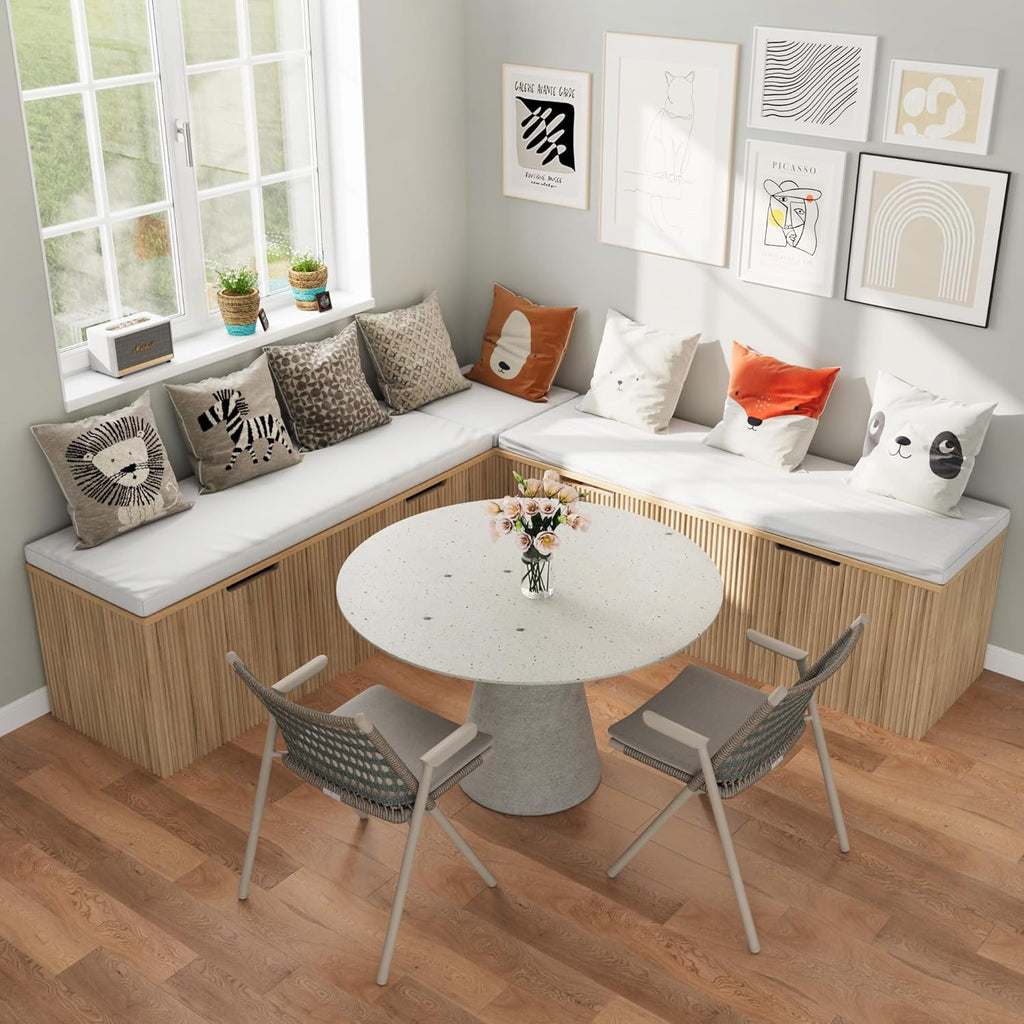 Bobve L-Shape Storage Bench with Cushion, Backless Corner Dining Bench, Kitchen Dining Nook Bench with Hidden Storage for Dining Room, Kitchen, Entryway (Natural Wood)