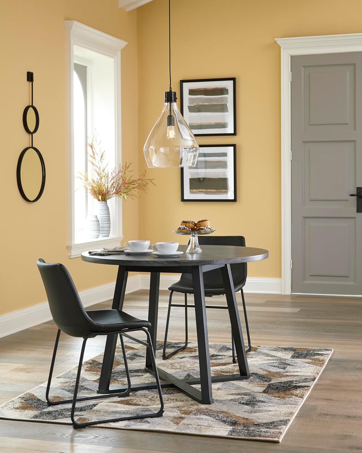 Signature Design by Ashley Centiar Mid Century Round Dining Room Table with Metal Legs, Gray & Black | Mid Century