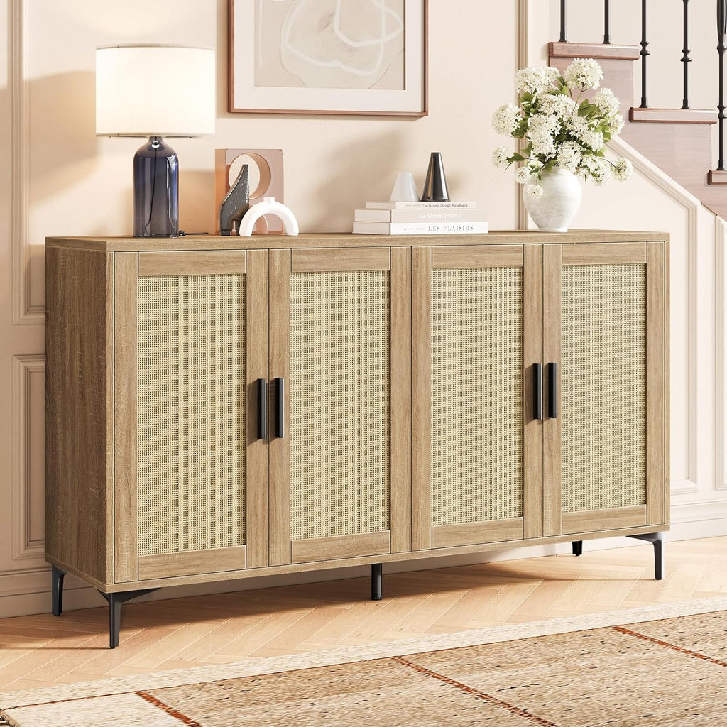 Luoxiao Sideboard Buffet Cabinet with Storage 48" Rattan Coffee Bar Boho Console Table with Adjustable Shelves & 4 Doors, Modern Credenza for Kitchen, Living Room, Entryway, Dining Room, Wood