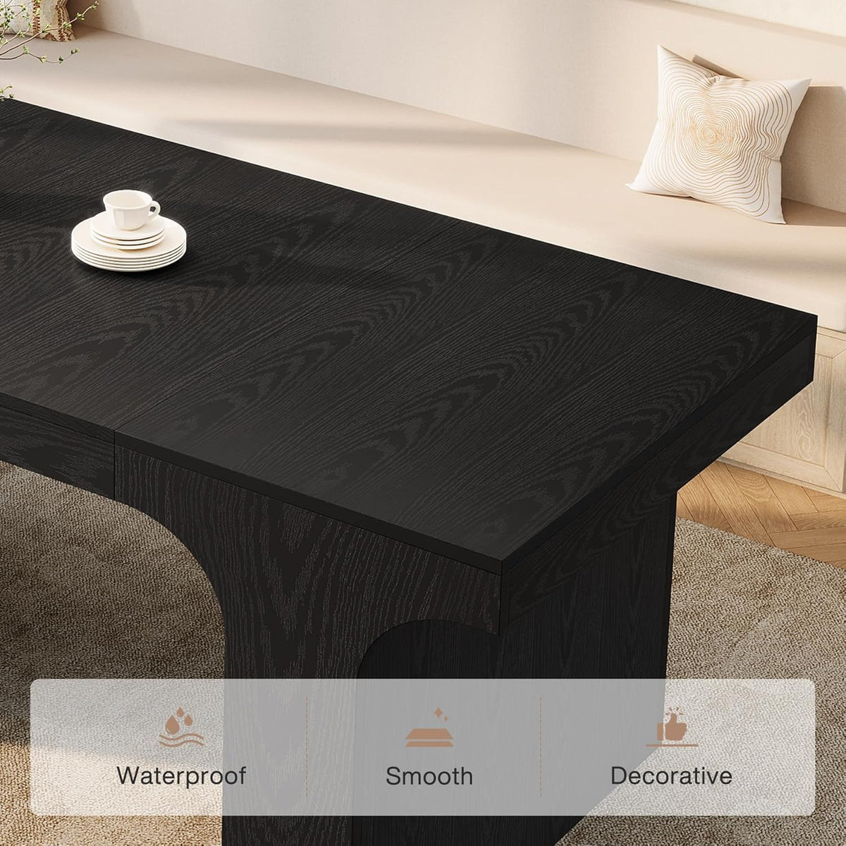 Tribesigns 71-Inch Farmhouse Dining Table for 6-8, Long Modern Wooden Kitchen Table with Arched Design, Large Rectangular Dining Furniture with Double Pedestal for Dinner Room, Black