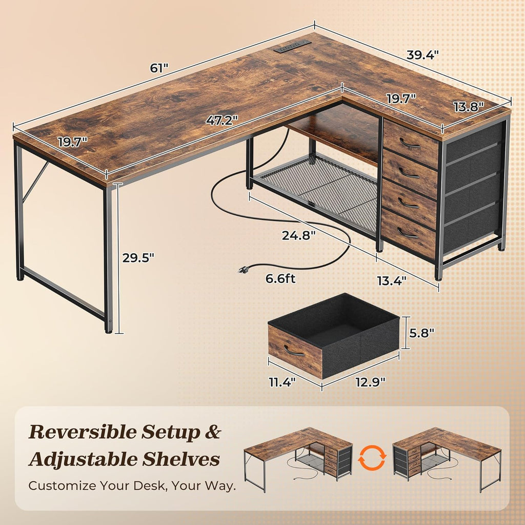 PRAISUN 61" L Shaped Desk with Power Outlets and USB-C Port, Reversible Computer Corner Office Desk with 4 Fabric Drawers and 2 Height-Adjustable Shelves, Large for Gaming Writing Study, Rustic Brown