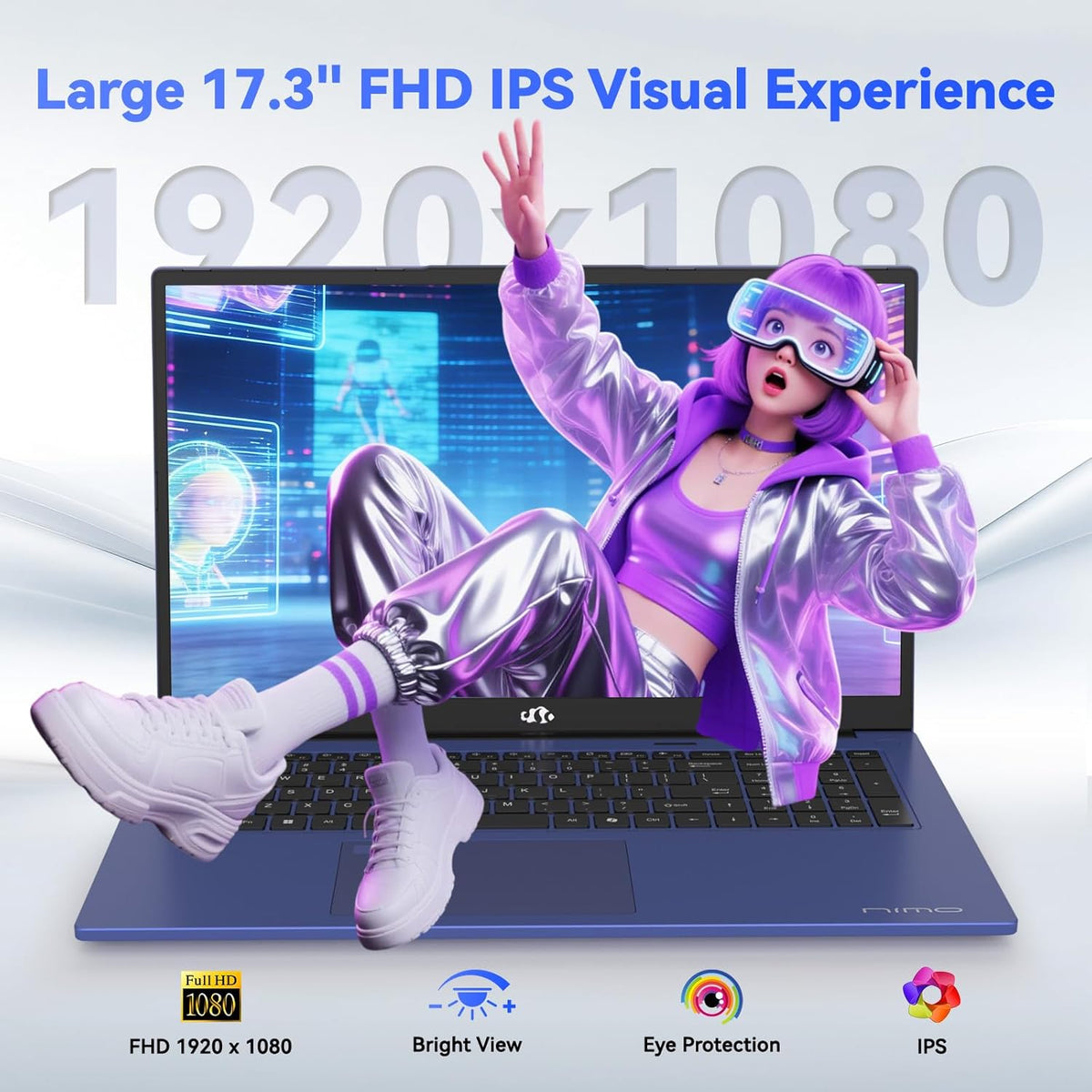 NIMO Gaming Laptop, 17.3" FHD IPS Anti-Glare Screen, AMD R7 7735HS (Up to 4.75GHz, Beat i7-12650H) Computer with 16GB DDR5 RAM 1TB SSD, 180° Viewing, Radeon 680M, 100W Type-C, for Business, College
