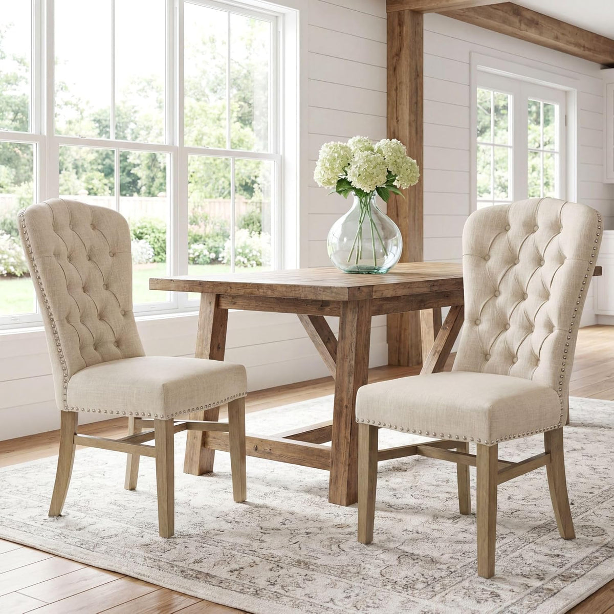 Tufted High Back Dining Chairs Set of 6, Linen Upholstered Farmhouse Kitchen Chairs, French Country Armless Wooden Side Chairs with Nailhead Trim for Dining/Kitchen/Living Room, Beige