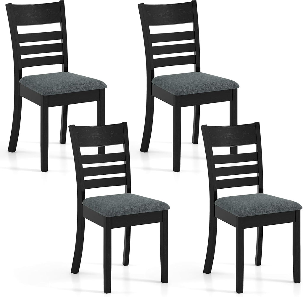 Giantex Wooden Dining Chairs Set of 4, Upholstered Black Kitchen Chair w/Rubber Wood Frame, Curved Slatted Backrest & Wide Padded Seat, Modern Dining Room Chairs for Living Room, Restaurant