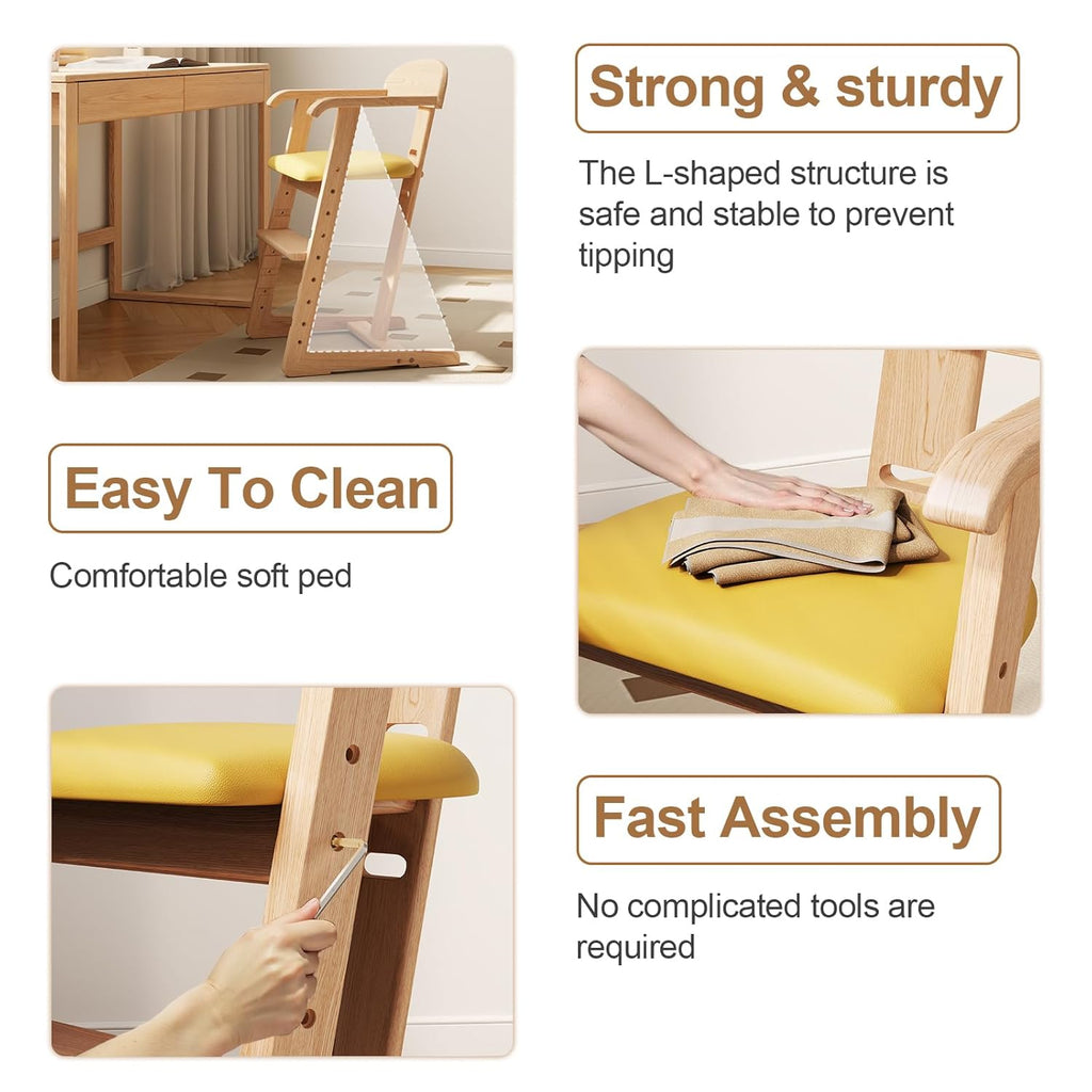 DOMGMUWUJEE Solid Wood Toddler Dining Chair - Adjustable Height Easy to Clean Toddler high Chair - Kids high Chair from 3 Years to 200 Lb, Grow with Child (Natural Yellow)