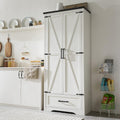 JXQTLINGMU Farmhouse Kitchen Pantry Cabinet - 72" Tall Wood Kitchen Storage Cabinets with Adjustable Shelves & 2 Barn Style Doors & Drawer, Versatile Storage for Dining Room, Bathroom, Antique White