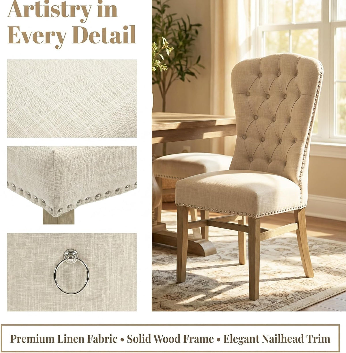 Tufted High Back Dining Chairs Set of 6, Linen Upholstered Farmhouse Kitchen Chairs, French Country Armless Wooden Side Chairs with Nailhead Trim for Dining/Kitchen/Living Room, Beige