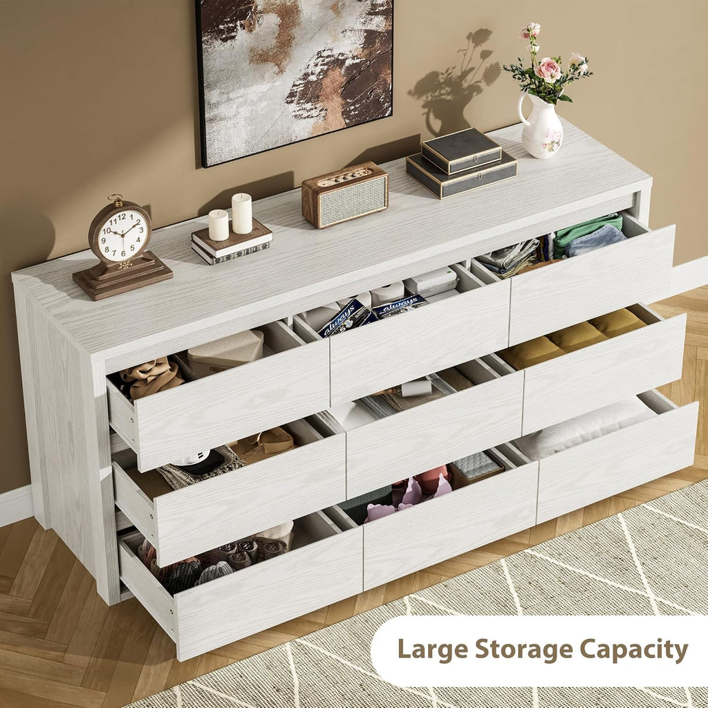 IDEALHOUSE Rustic Farmhouse 9 Dresser for Bedroom,Wooden Drawer Dresser,Handle-Free Storage Cabinet with Drawers for Bedroom, Living Room & Hallway, with Anti-Tip Safety,White