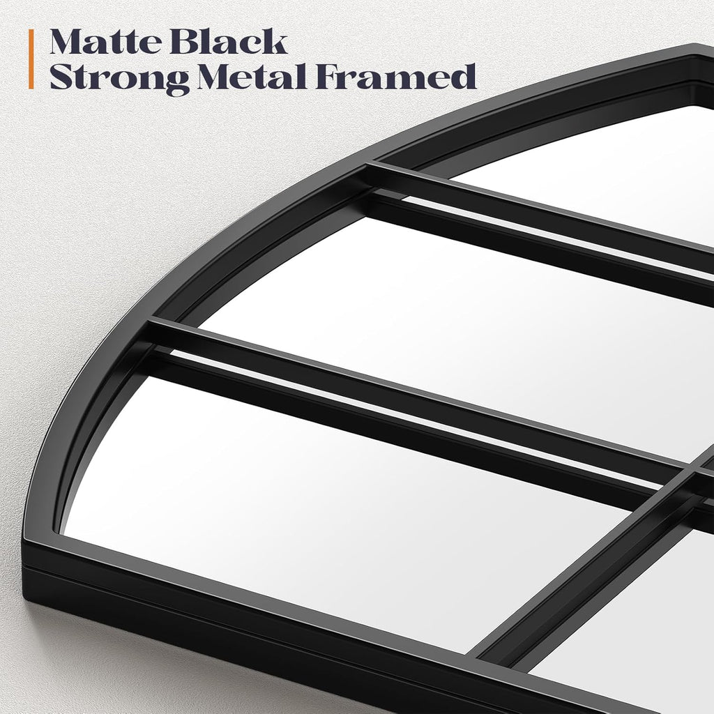 Arched Window Mirror, 24" x 48" Black Window Mirrors for Wall, Tall Farmhouse Grid Mirror for Living Room Bedroom Dining Room Fireplace Hallway Mantle Entryway