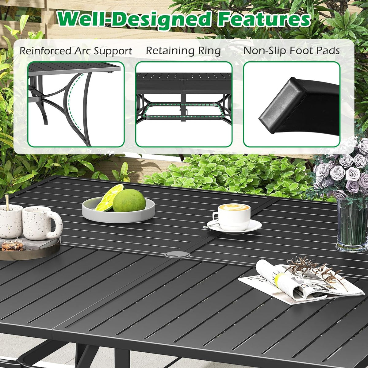 Tangkula 60" x 60" Metal Patio Dining Table for 8, Square Heavy Duty Outdoor Dining Table with Umbrella Hole, 8-Person Outside Dining Furniture for Porch, Garden, Balcony and Backyard