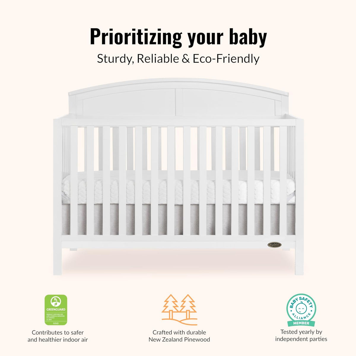 Dream On Me Storybrooke 5-in-1 Convertible Full-Size Baby Crib, GreenGuard Gold & BSA Certified, Convert to Toddler, Day & Full-Size Bed Sustainable Pinewood, 3 Mattress Height Settings - White
