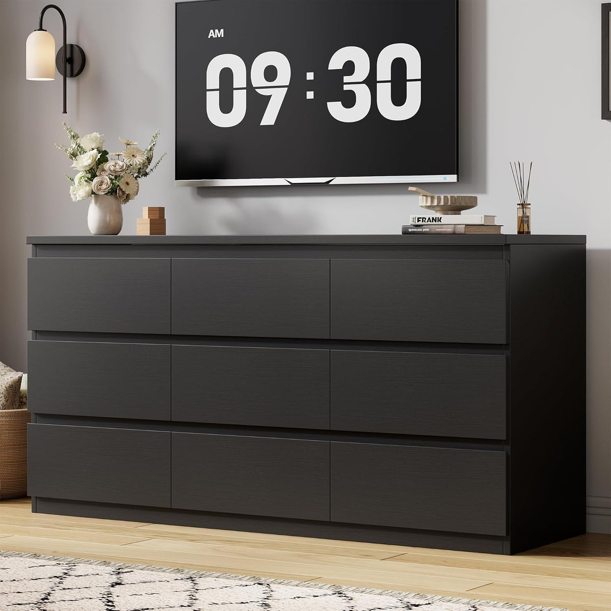 Jocoevol Modern Pink 9 Drawer Dresser for Bedroom, Simply Chest of Drawers, Wood Storage Dresser with Deep Drawers for Living Room Hallway Entryway (Black)