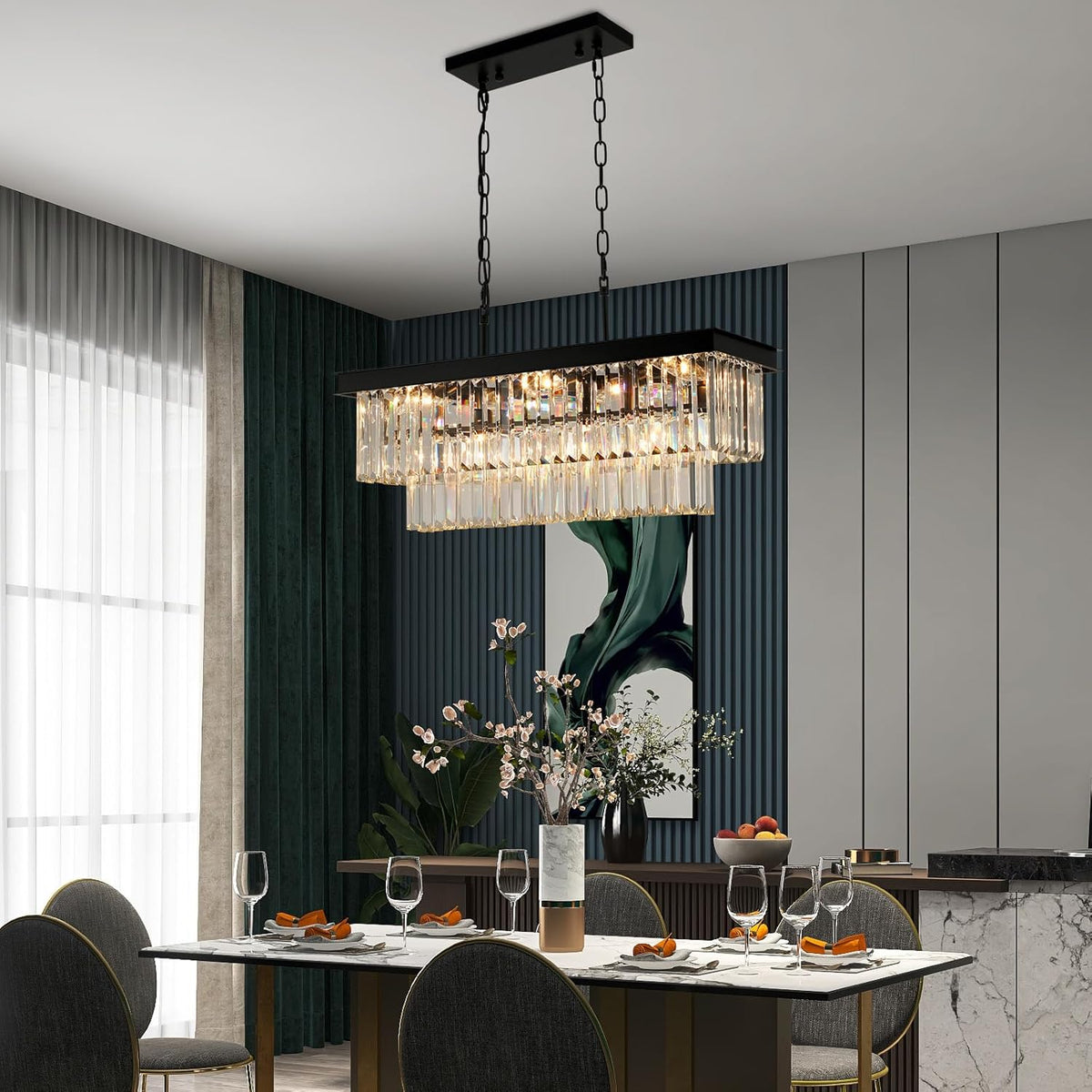 Weesalife Black Crystal Chandeliers for Dining Room Light Fixtures Over Table .9-Lights Modern Rectangle Chandeliers for Kitchen Island Bar L28 Inch