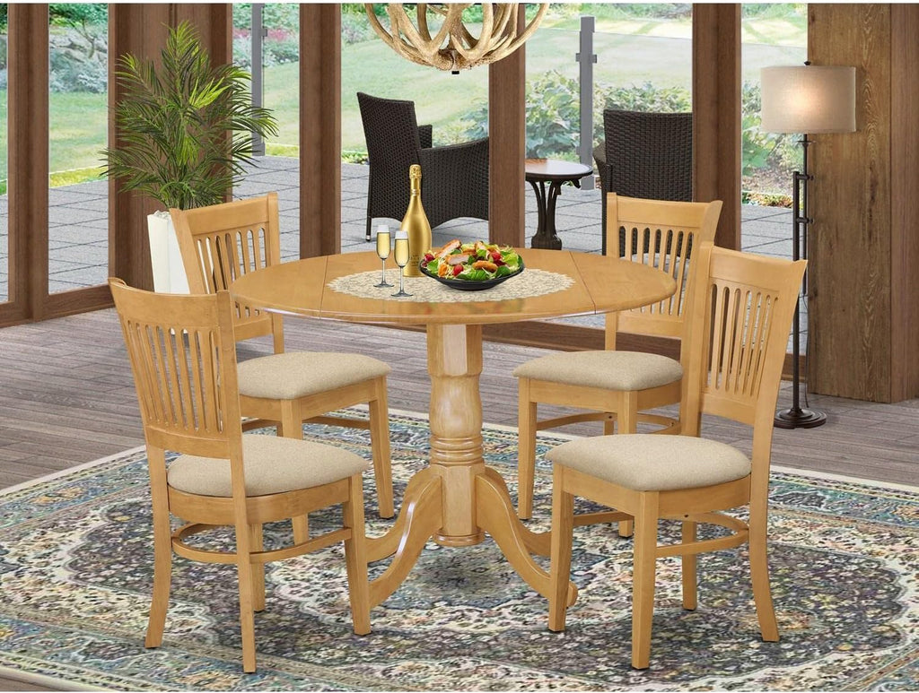 East West Furniture DLVA5-OAK-C 5 Piece Kitchen Table & Chairs Set Includes a Round Dining Room Table with Dropleaf and 4 Linen Fabric Upholstered Chairs, 42x42 Inch, Oak
