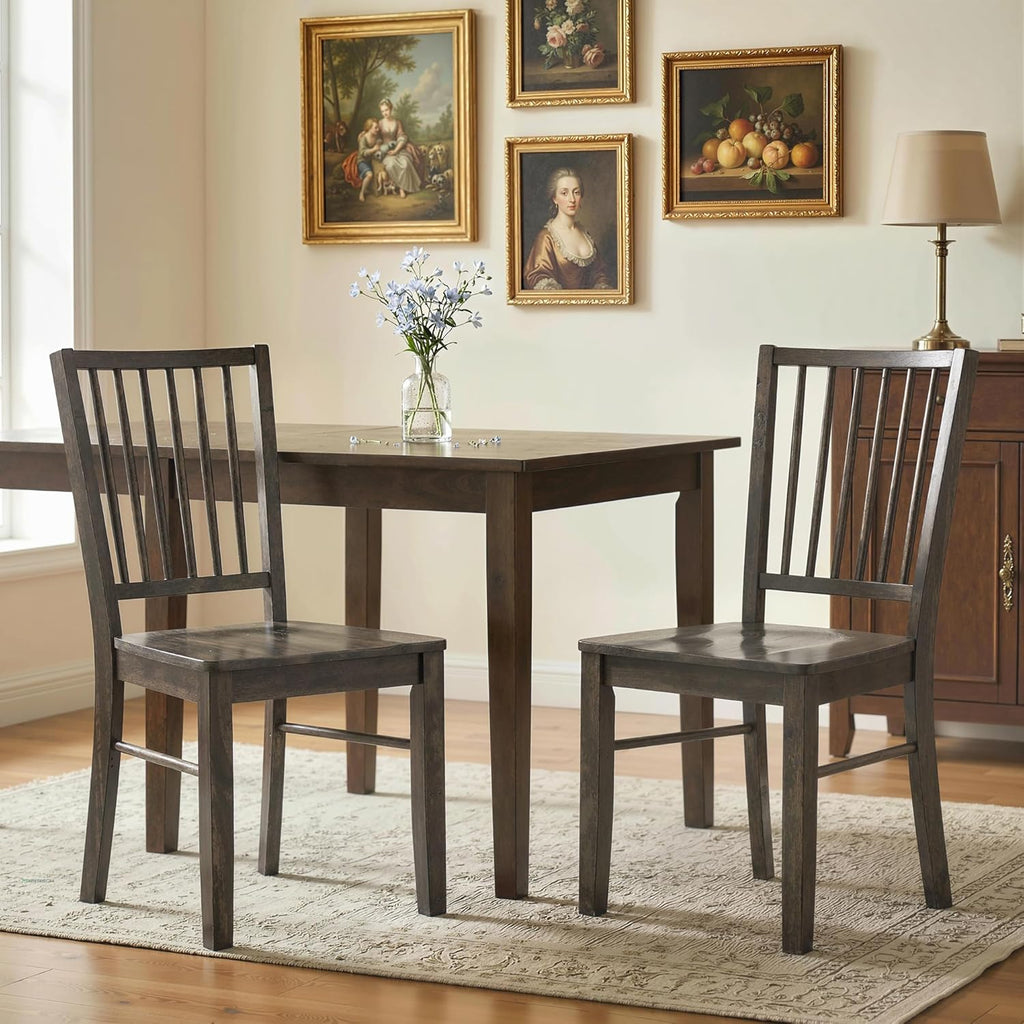 HOMCOM Farmhouse Dining Chairs Set of 2, Ergonomic Solid Wood Armless Kitchen Chairs with Rubberwood Legs for Dining Room, Kitchen, Charcoal Gray