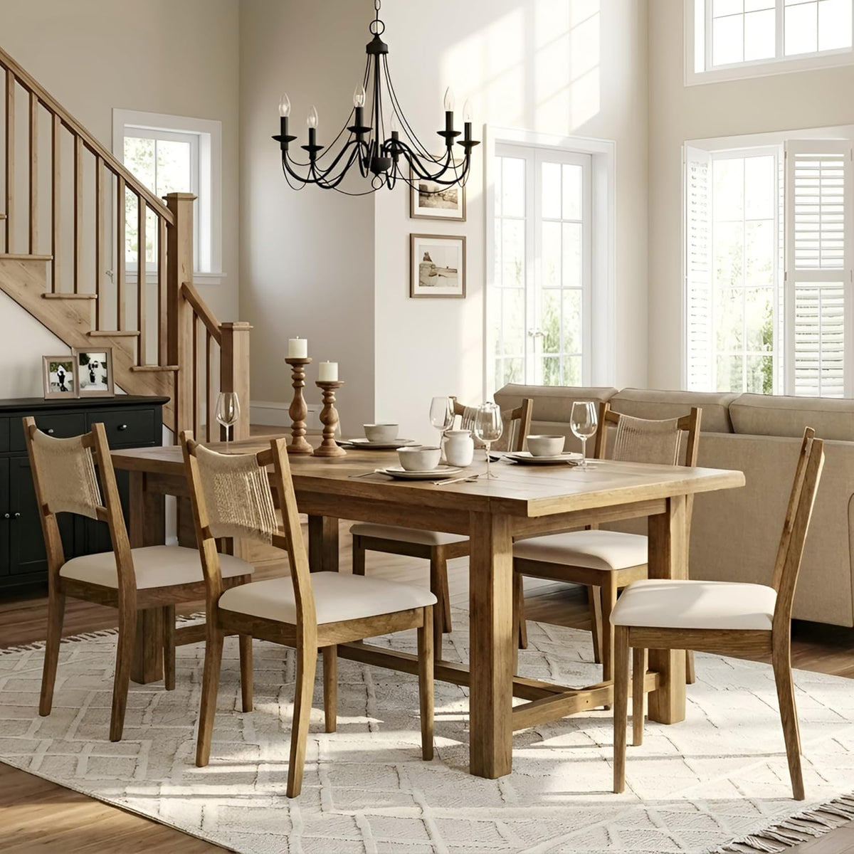 RIVOVA Wooden Dining Chairs Set of 4 Fabric Upholstered Dining Room Chairs Kitchen Side Chair with Woven Seagrass Back Farmhouse Dinner Chair, Beige