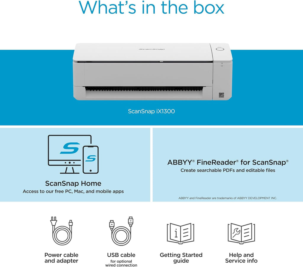 ScanSnap iX1300 Compact Wireless or USB Double-Sided Color Document, Photo & Receipt Scanner with Auto Document Feeder and Manual Feeder for Mac or PC, White
