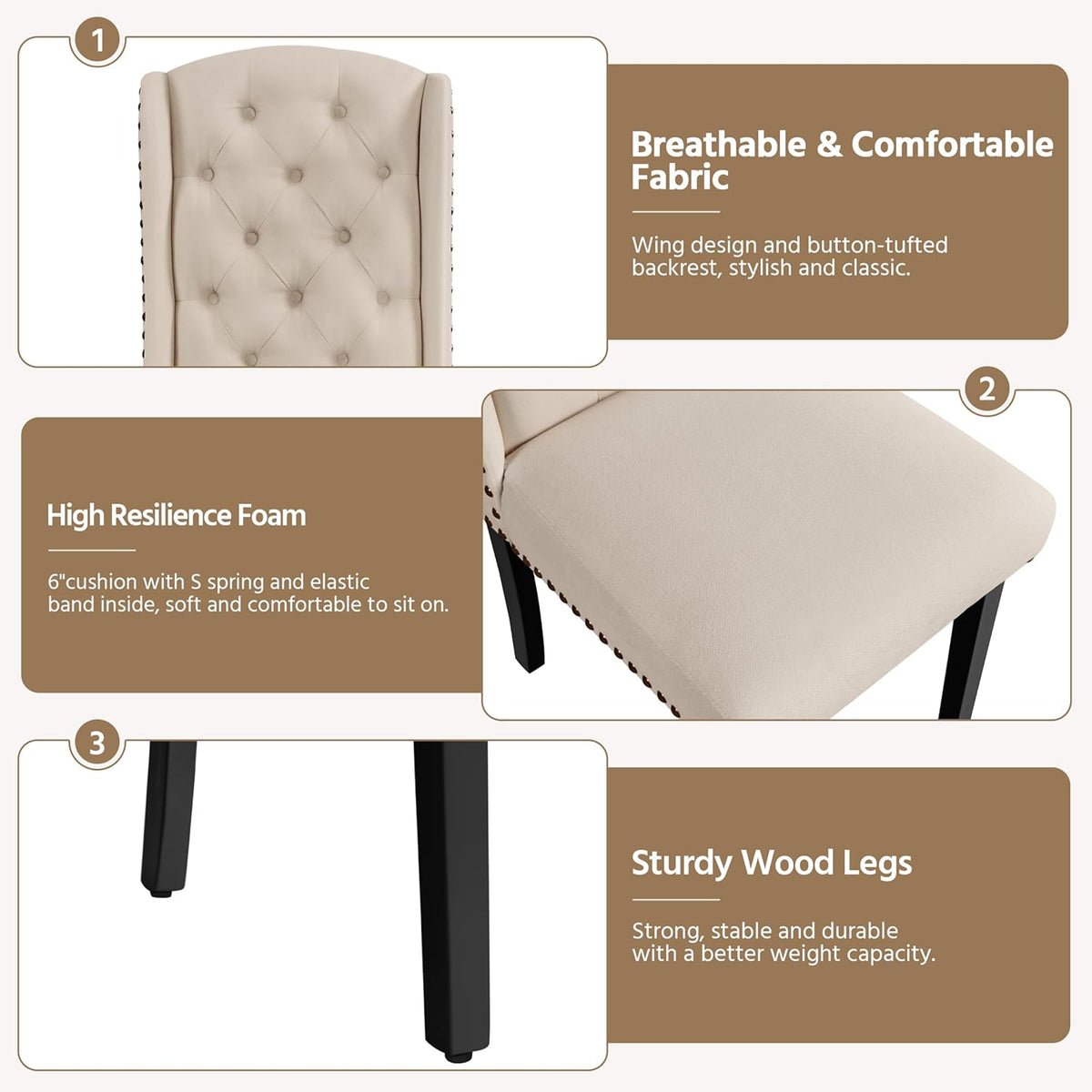 Yaheetech Upholstered Dining Chairs Set of 4 Button Tufted Kitchen Chairs with Solid Wood Legs and Nailhead Trims for Dining Room, Living Room, Restaurant, Beige