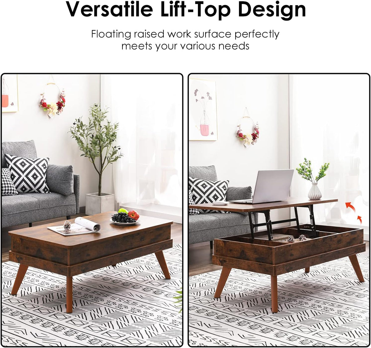 Lift Top Coffee Table, Easy-to-Assembly Center Table with Hidden Storage Compartment, Industrial Lift Tabletop Dining Table for Living Room Reception/Home Office, Rustic Brown