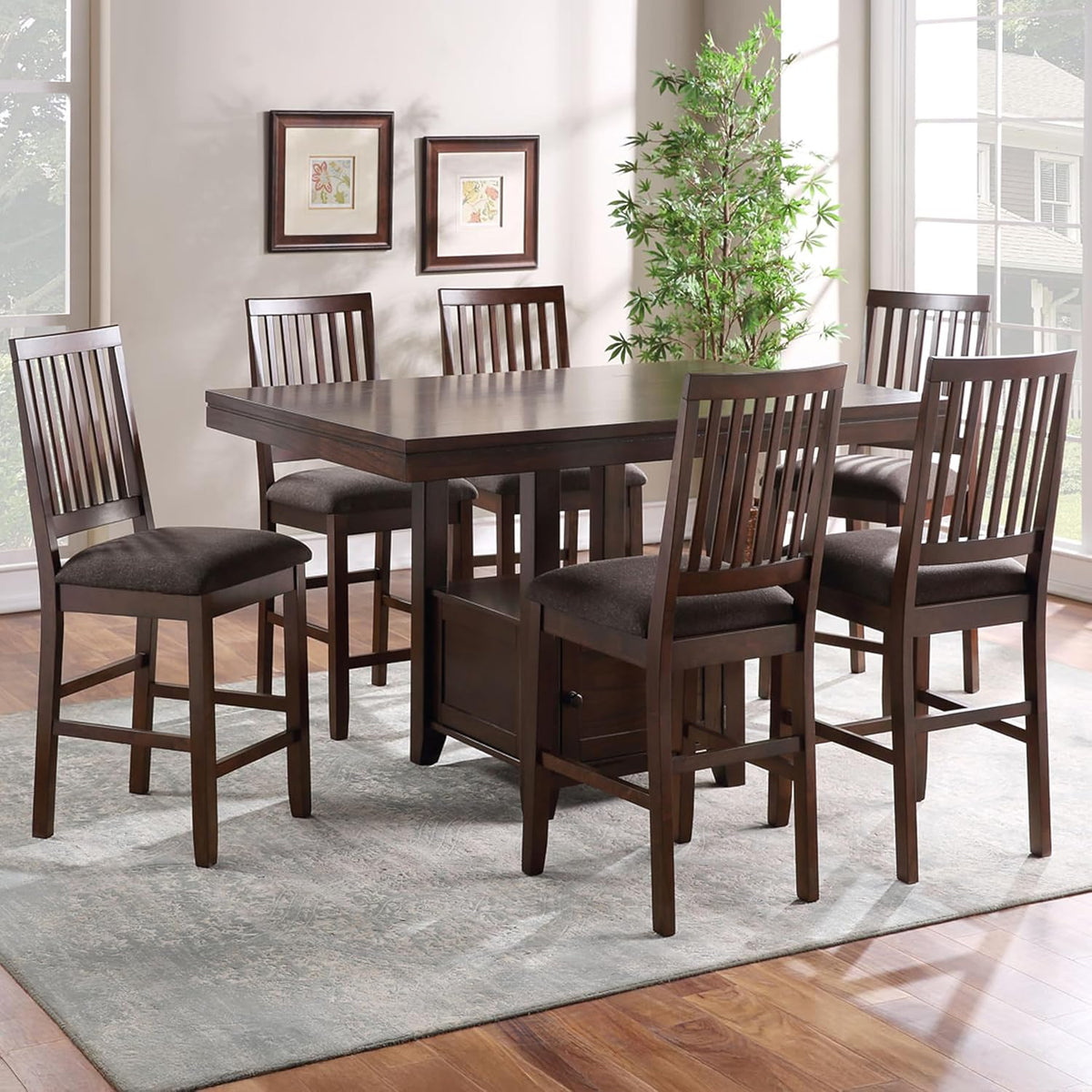 Steve Silver Furniture Yorktown 7-Piece Counter Table Set, 60" Table w/ 6 Upholstered Counter Chairs, Seats up to 8, Dining Room, Hidden Base Storage, 60" L x 42" W x 36" H, Espresso Brown