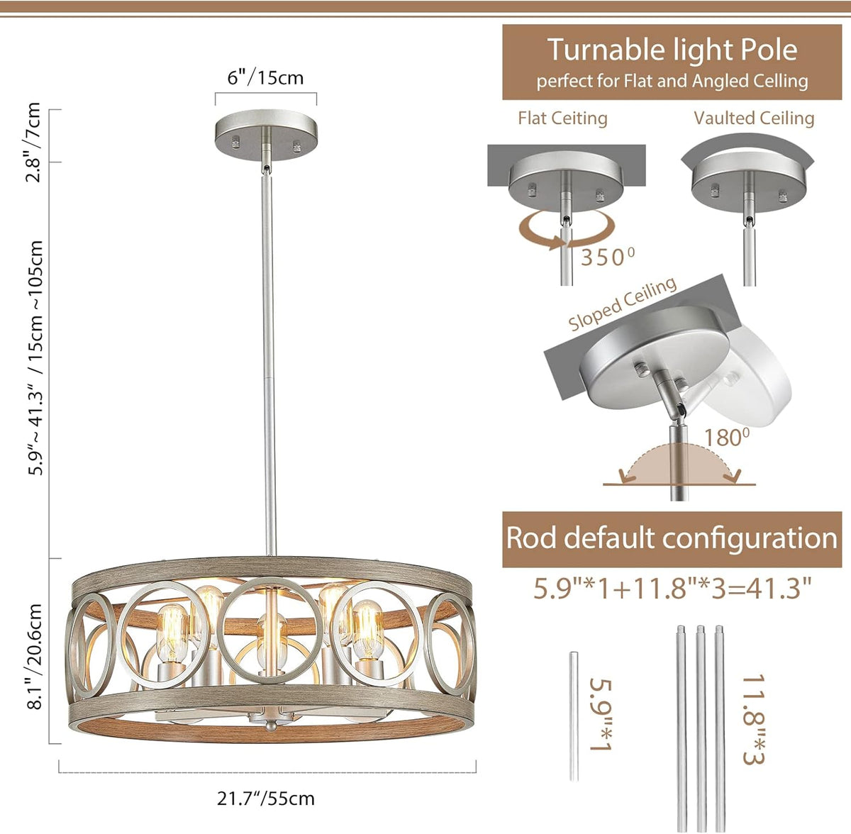 Dining Room Chandelier Over Table 22" Drum Modern Farmhouse Pendant Light Fixture for Living Room Kitchen Island Bedroom, Metal Rustic Round Brushed Nickel Wood Grain Finish Hanging 5-Light