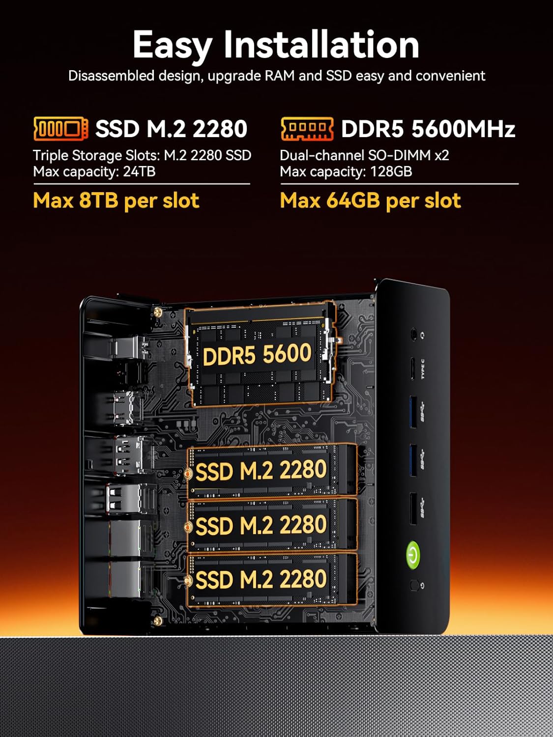 GMKtec Gaming Mini PC, K12 AMD Ryzen 7 H 255 (Upgraded 8745HS) 32GB DDR5 RAM 2TB SSD, Desktop Computer 3X M.2 2280 Expansion, Oculink, Dual NIC 2.5G, HDMI 2.1, USB4