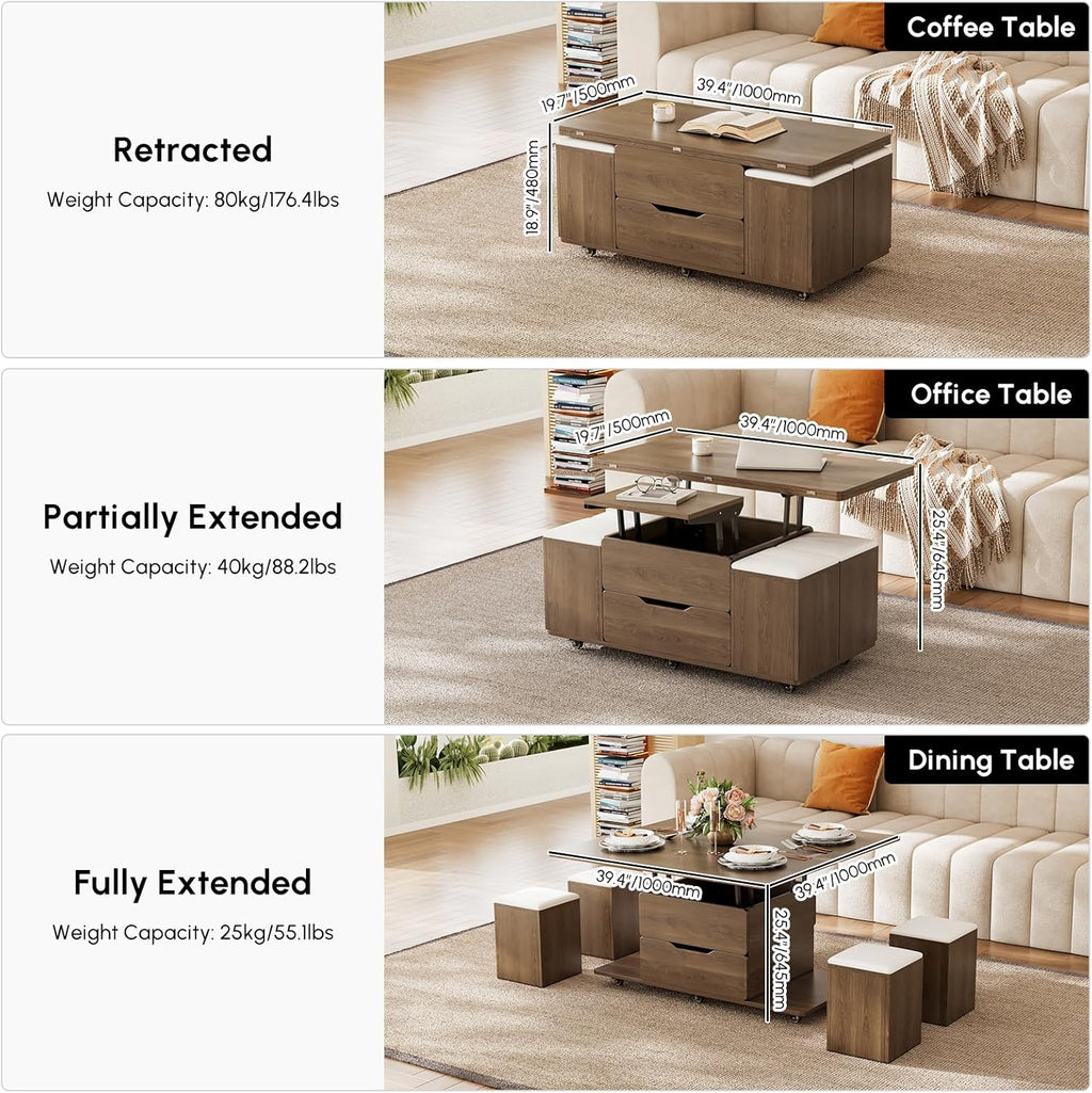 homary Lift-Top Coffee Table with Hidden Storage, 3-in-1 Modern Folding Center Table with 4 Stools, Casters, and Lockable Wheels – Convertible Dining & Office Table for Living Room (Walnut)