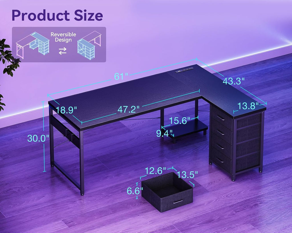 AODK L Shaped Gaming Desk with 4 Drawers, 61" Reversible Home Office Desks with Power Outlets, L Shaped Computer Desk with USB Charging Port and Host Stand, Corner Desk, Easy to Assemble, Black