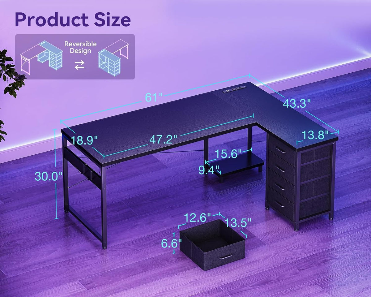 AODK L Shaped Gaming Desk with 4 Drawers, 61" Reversible Home Office Desks with Power Outlets, L Shaped Computer Desk with USB Charging Port and Host Stand, Corner Desk, Easy to Assemble, Black