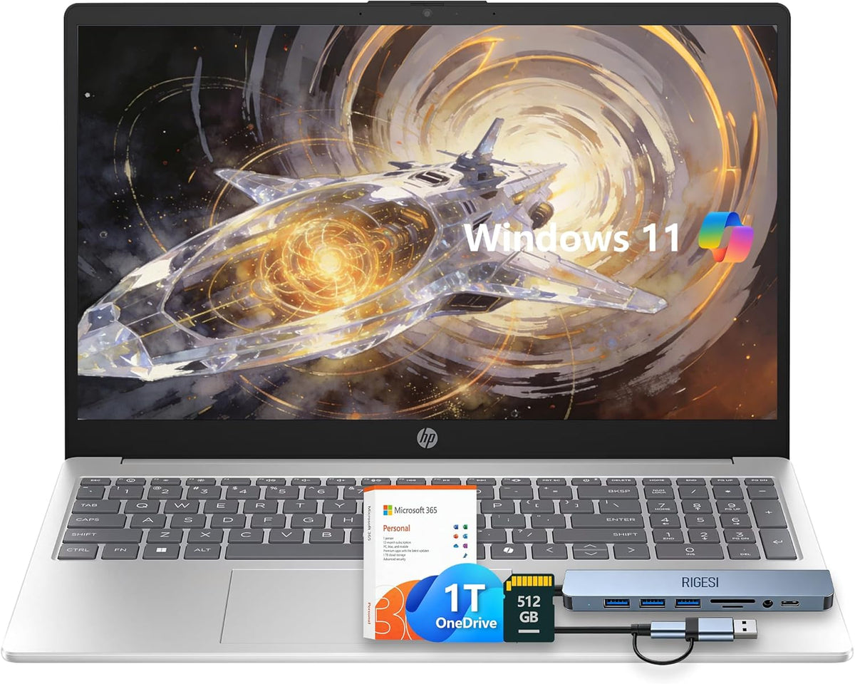 HP 15.6" Laptop – Complete Productivity Solution, Windows 11, Microsoft Office, Intel 4 Core N100, 16GB RAM, 640GB Storage (128GB UFS + 512GB SD Card), Copilot AI, Lightweight – Silver