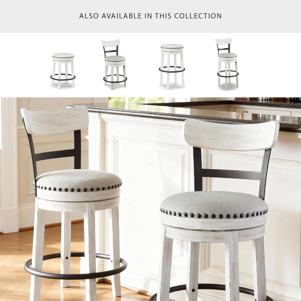 Signature Design by Ashley Valebeck Barstool, Rustic-Industrial Counter Height Chair, 360° Swivel, Wood & Metal Frame, Cushioned Seat, Ideal for Kitchen Island with Seating, Vintage White