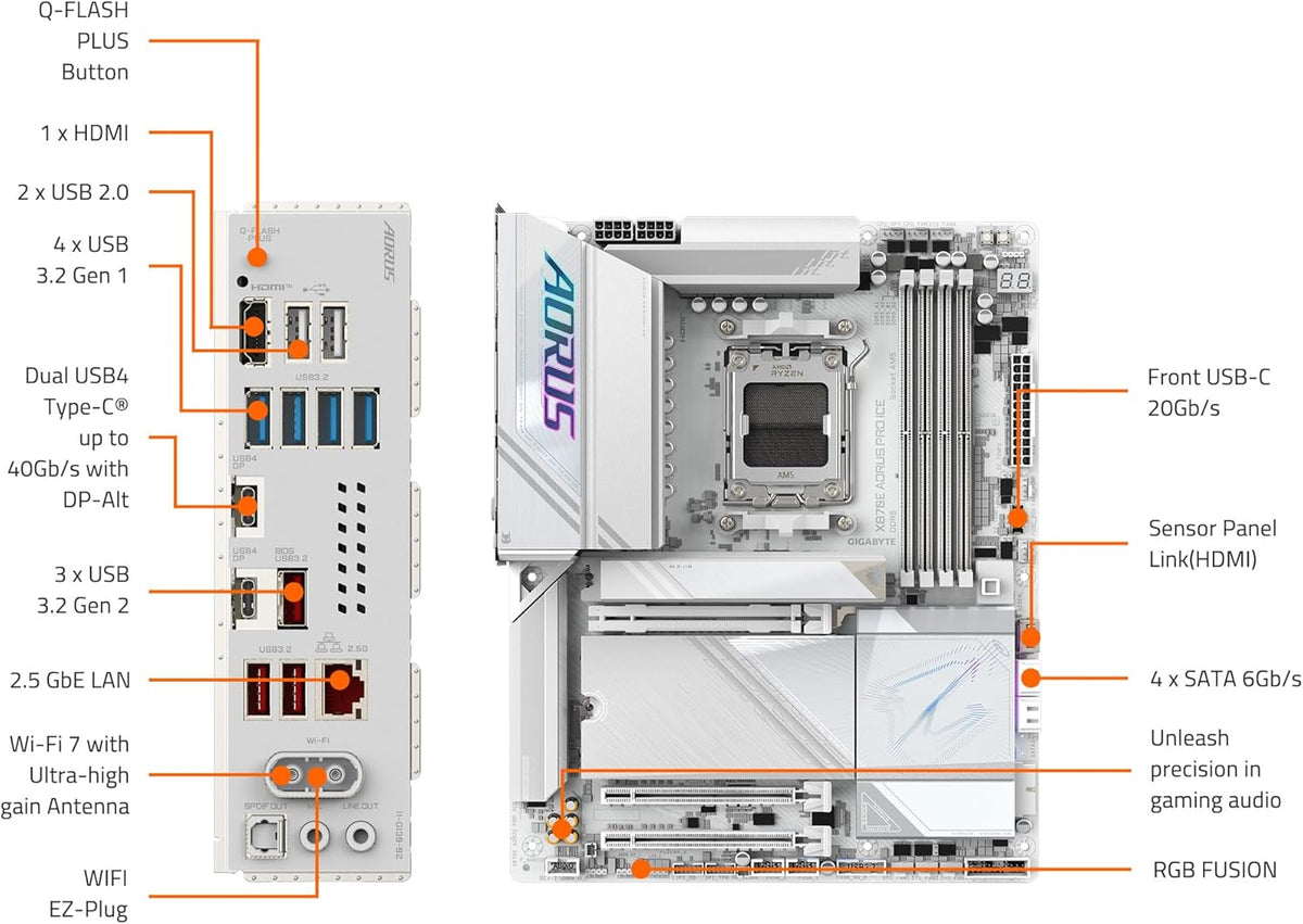GIGABYTE X870E AORUS PRO ICE AMD AM5 LGA 1718 Motherboard, ATX, DDR5, 4X M.2, PCIe 5.0, USB4, WIFI7, 2.5GbE LAN, EZ-Latch, 5-Year Warranty