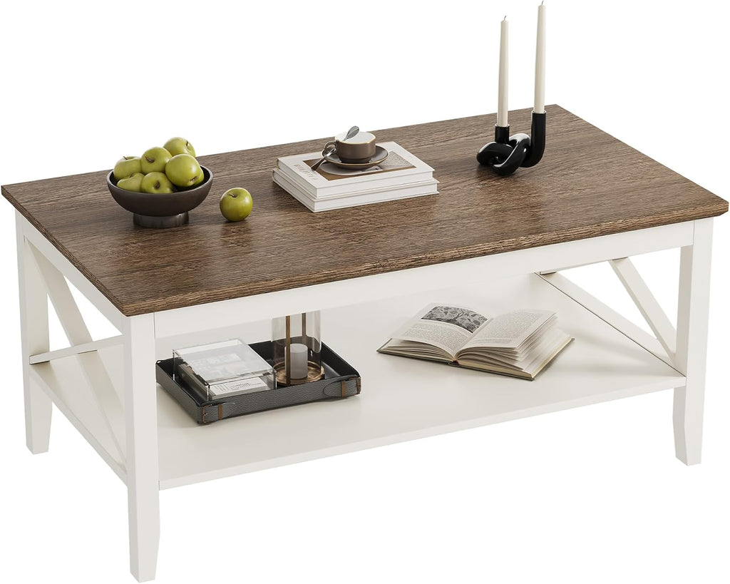 ChooChoo Farmhouse Coffee Table, Wooden Coffee Tables with Thicker Legs, White Coffee Table with Storage for Living Room