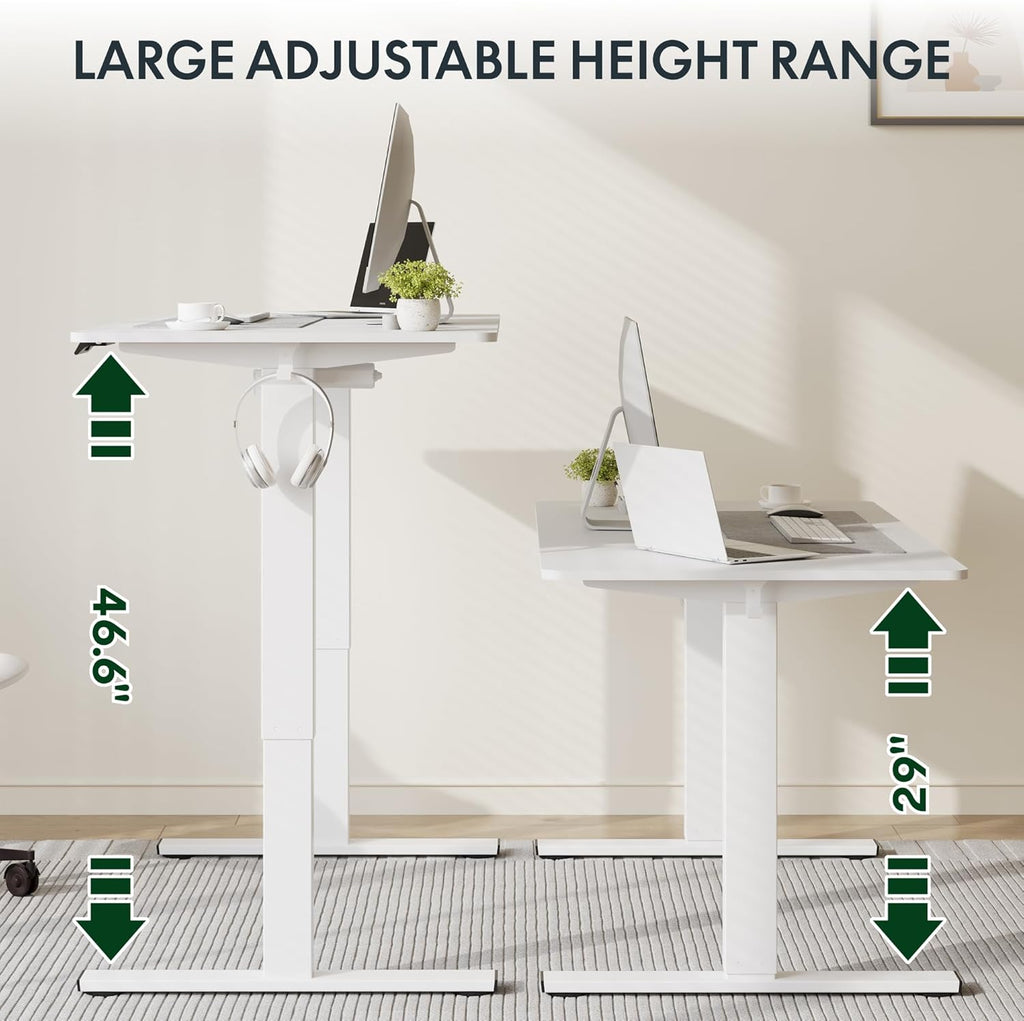 FLEXISPOT Standing Desk, 48" x 24" One-Piece Desktop, Height Adjustable Computer Desk for Home Office, White Frame & White Top (One Package)